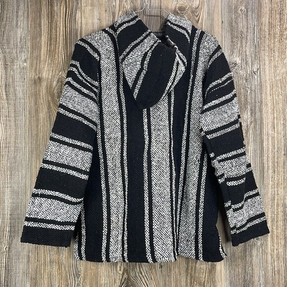 Mexican Baja Hoodie Sweatshirt Adult Men's Size Large Black Gray Pockets - Picture 5 of 6